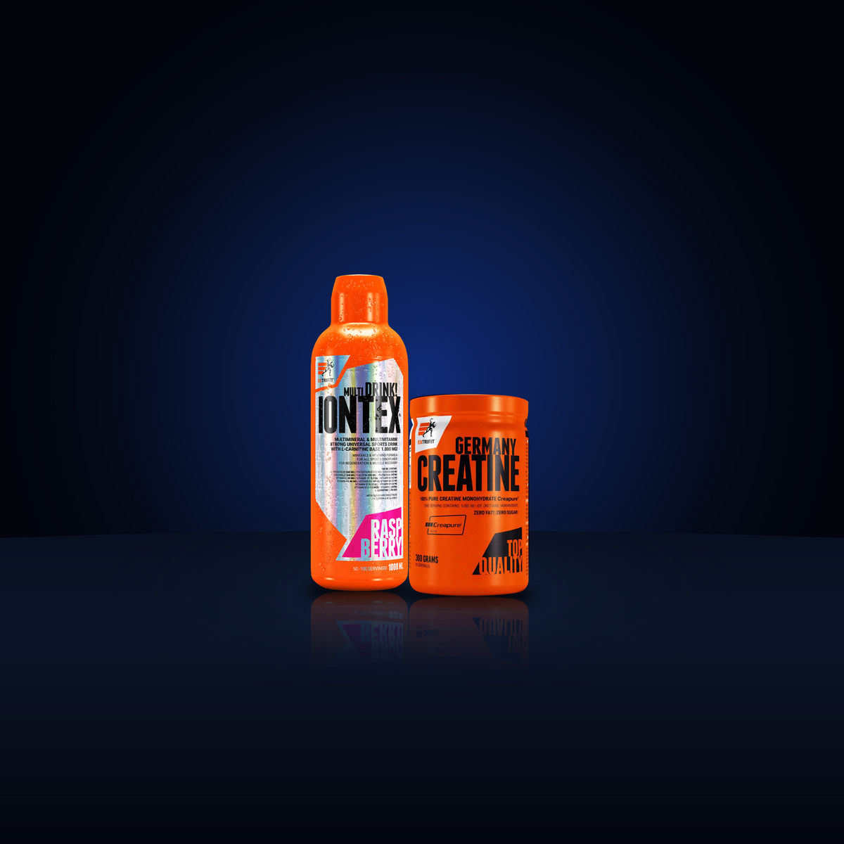Hybrid Duo — Creapure creatine 300 g + IONTEX Liquid 1000 ml — original packaging reference photographs; choose available flavours on the product page.