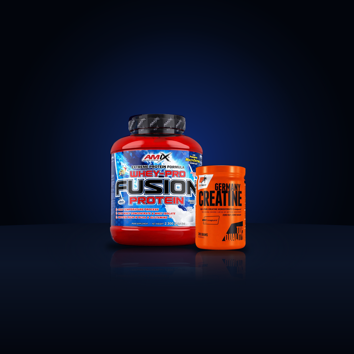 Perform Duo — Amix whey 2.3 kg + Creapure creatine 300 g — original packaging reference photographs; choose available flavours on the product page.